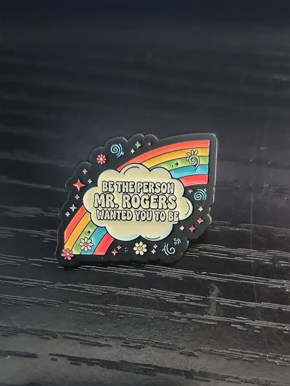 Mr. Rogers Rainbow Enamel Pin - Black Background, Multicolor Design